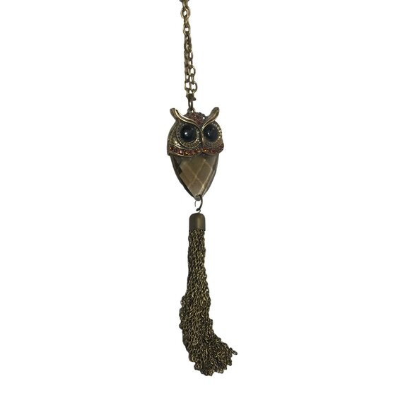 Vintage Owl Pendant Necklace by Katherine Karambelas Tassel & Rhinestone Accents - Picture 3 of 8